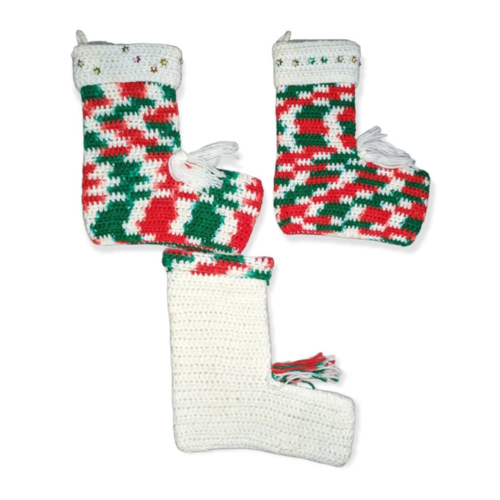 Vintage Handmade 3 Red, Green & White Knit Stockings